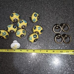 Yellow Floral Ceramic Knobs and Brass Ring Pulls